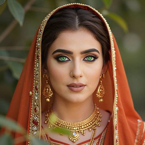 Photograph of a beautiful South Asian woman with green eyes, wearing an orange saree, gold jewelry, and ornate headpiece, set against a