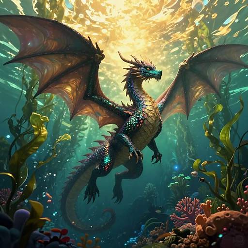 Digital fantasy artwork of a shimmering, bioluminescent dragon with large, translucent wings soaring through a vibrant underwater coral reef, illuminated by sunlight from