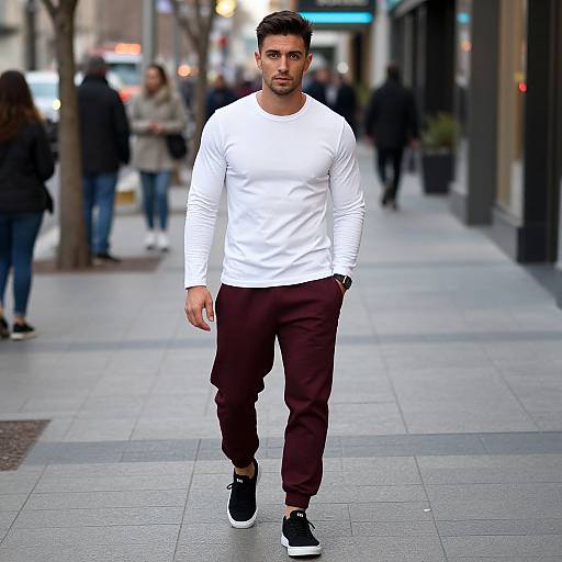 Photograph of a handsome, fit man with short dark hair, wearing a white long-sleeve shirt, maroon joggers, and black sneakers