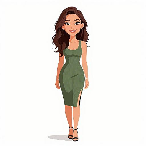 Digital illustration of a smiling woman with long brown hair, wearing a green, form-fitting dress and black heels, standing against a plain white background.