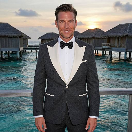 Photograph of a smiling man in a black tuxedo with white lapels, black bow tie, standing on a balcony overlooking turquoise ocean with over