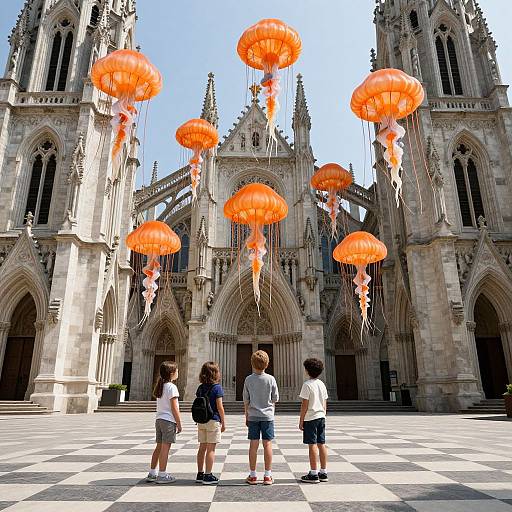 Photograph of four children facing a Gothic cathedral, with bright orange, jellyfish-like balloons floating above them on a checkered stone plaza.