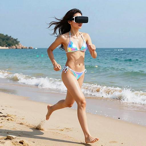 Photograph of a slim, tan-skinned woman with long black hair, wearing a colorful bikini, running on a sunny beach with turquoise waves and a