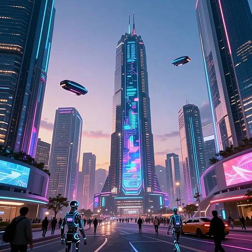 Cyberpunk cityscape at dusk: towering neon-lit skyscraper, flying drones, futuristic pedestrians, and glowing advertisements. Vibrant blues, p