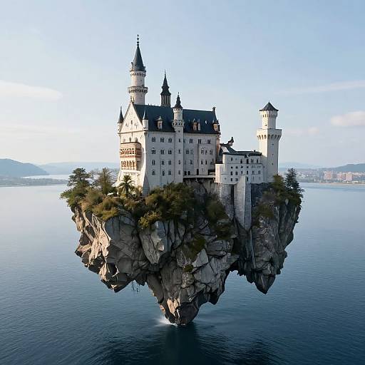 Photograph of a floating medieval castle with multiple towers and turrets, perched on a rocky island, surrounded by calm blue water under a clear sky