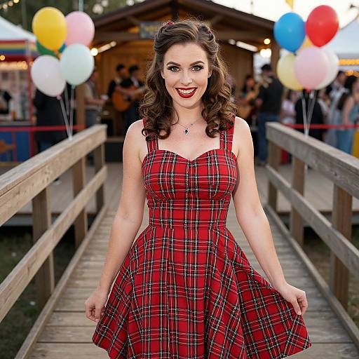 Photograph of a smiling brunette woman with wavy hair in a red plaid dress, standing on a wooden bridge, surrounded by colorful balloons at an