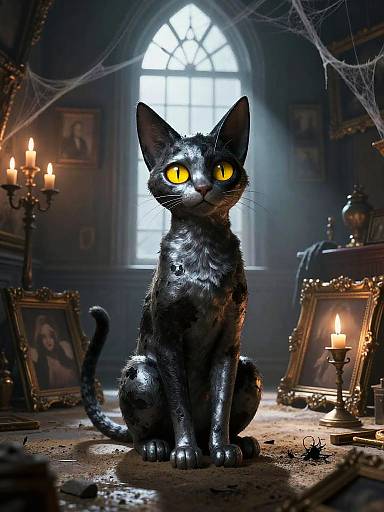 Photorealistic digital art of a glowing-eyed, black cat sitting in a dimly lit, spooky room with candles, spider webs, and framed portraits