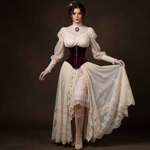 Photograph of a Victorian-style woman with pale skin, dark hair, wearing a white lace dress, black corset, white gloves, and lace-up