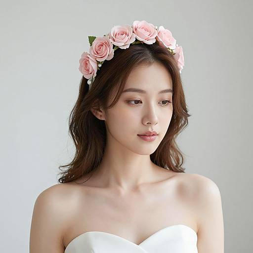 Photograph of an Asian woman with fair skin, brown wavy hair, wearing a white strapless dress and a pink rose flower crown, looking softly
