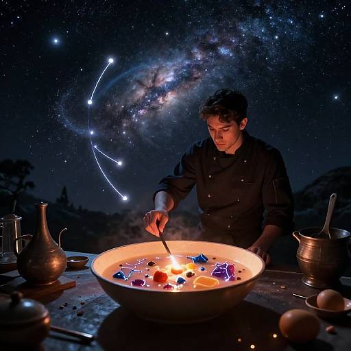 Photograph of a man in a black shirt cooking under a starry night sky with a galaxy constellation, surrounded by metallic pots and colorful food in a