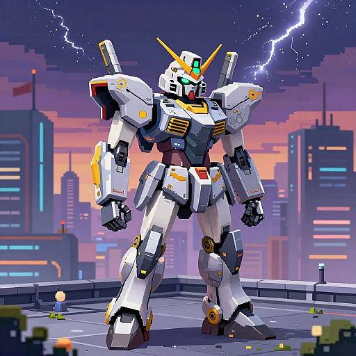 Pixel art of a towering white and yellow Gundam-style robot standing on a rooftop during a lightning storm, with a futuristic cityscape in the background.