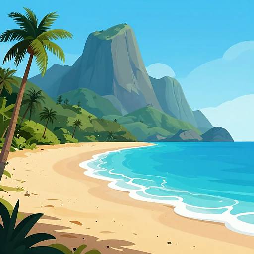 Digital illustration of a tropical beach with golden sand, clear blue water, lush green palm trees, and towering mountains under a bright blue sky.