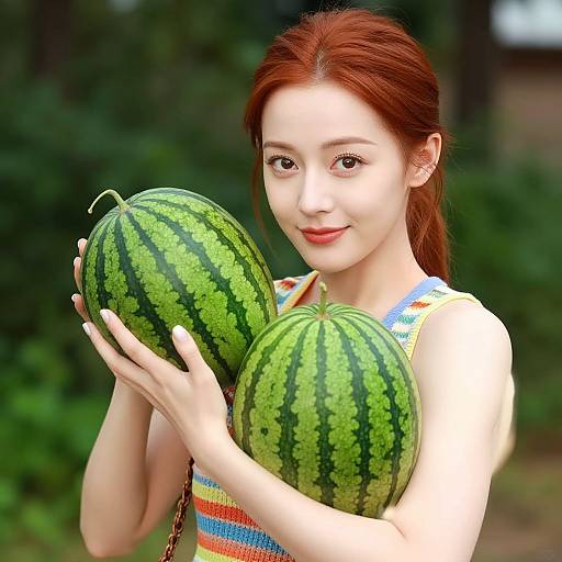 Photograph-style digital image of a smiling, fair-skinned Asian woman with red hair, holding two large green watermelons, wearing a colorful striped