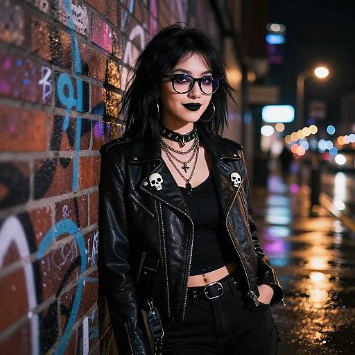 Gothic woman with black hair, glasses, and lipstick, wearing a leather jacket with skull pins, stands on a wet, graffiti-covered street at