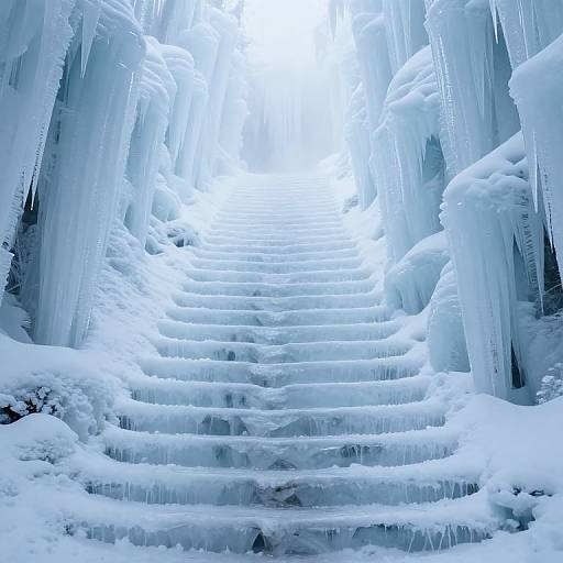 Photograph of a snowy, ice-covered staircase with icicles hanging from the sides, creating a breathtaking, ethereal, blue-white winter scene.