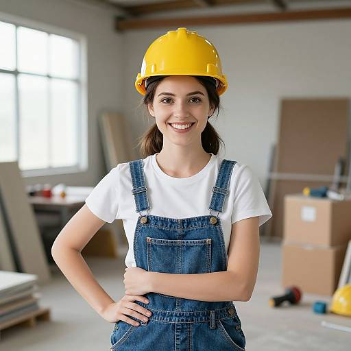 Photograph of a smiling young woman in a yellow hard hat and blue denim overalls, standing in a bright, spacious construction room.