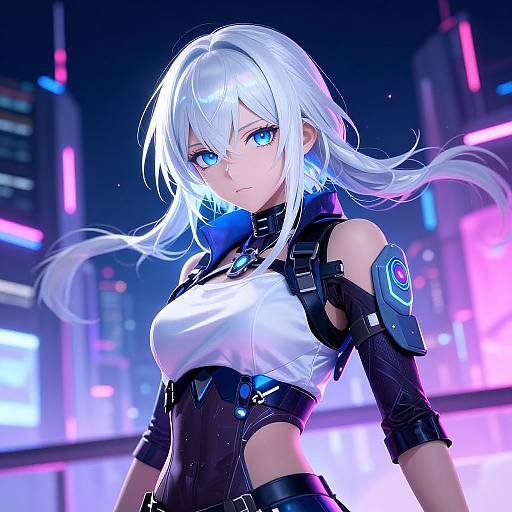 Digital anime-style artwork of a fierce, white-haired, blue-eyed woman with glowing eyes, wearing a black and white cyberpunk outfit, set against a