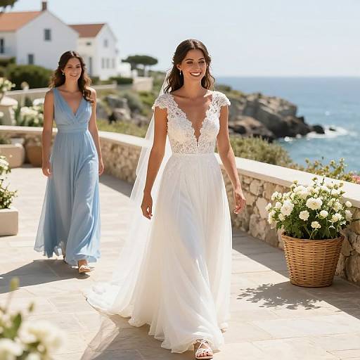 Photograph of two smiling women; bride in white lace dress, deep V-neck, and bridesmaid in light blue gown, walking on sunny coastal stone
