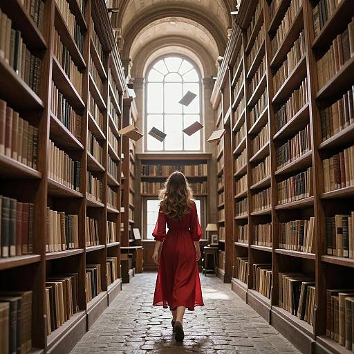 Photograph of a woman with long, wavy blonde hair in a red dress, walking away from the camera in a dimly lit, arched