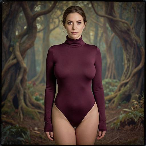 Photograph of a fair-skinned woman with brown hair in a forest, wearing a maroon, long-sleeve, high-cut bodysuit