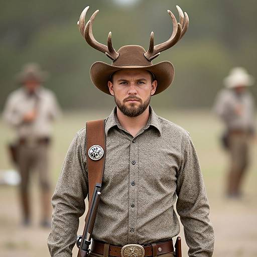 Photograph of a bearded man with a brown cowboy hat and large antlers, wearing a gray button-up shirt and brown belt, with blurred background