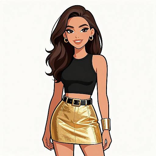 Digital drawing of a smiling woman with long brown hair, wearing a black crop top, gold skirt, black belt, hoop earrings, and gold bracelet.