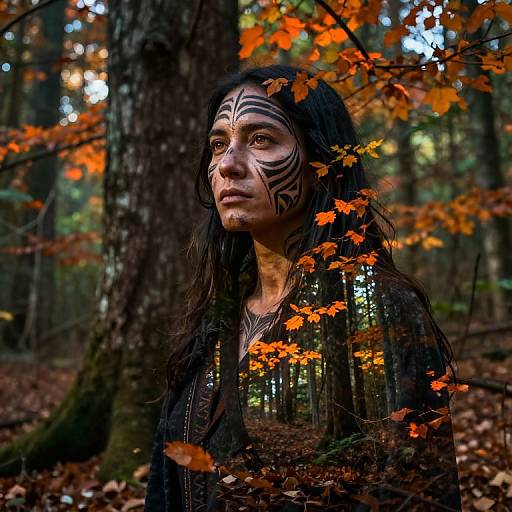 Photograph of a woman with black face paint and long hair, standing in a forest of tall trees with vibrant orange autumn leaves, gazing thoughtfully