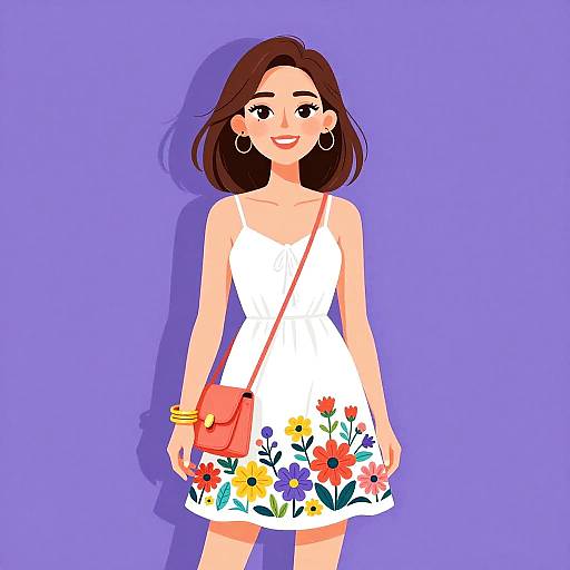 Digital illustration of a smiling woman with brown hair, wearing a white floral dress, gold hoop earrings, red crossbody bag, and yellow bracelet, against