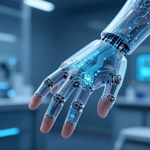Photorealistic CGI of a futuristic, transparent robotic hand with glowing blue circuitry, fingers slightly open, in a modern, blue-lit laboratory.