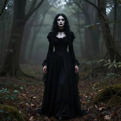 Photograph of a pale, dark-haired woman with black lipstick, wearing a long, black Victorian dress, standing in a misty, dark forest.