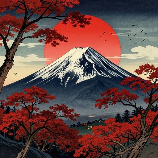Stunning digital art of a snow-capped mountain with a vivid red sun, surrounded by red-leaved trees, set against a twilight sky. Birds