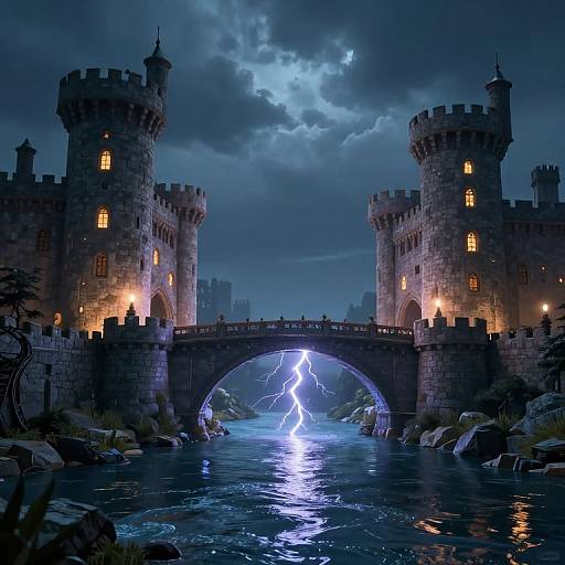 Digital artwork of a medieval castle with two towers, glowing windows, and a dramatic lightning bolt striking through a stone arch bridge over a flowing river at night