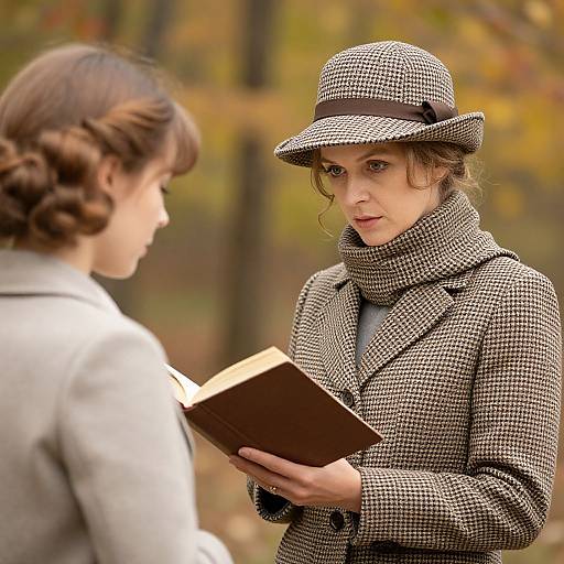 Photograph of two women in vintage attire; one in a checkered coat and hat, holding a book, facing a woman with curly hair in a