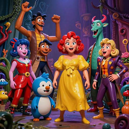 Vibrant CGI cartoon featuring Disney-style characters: red-haired woman in yellow dress, blue penguin, muscular man, blue-haired girl, green dragon
