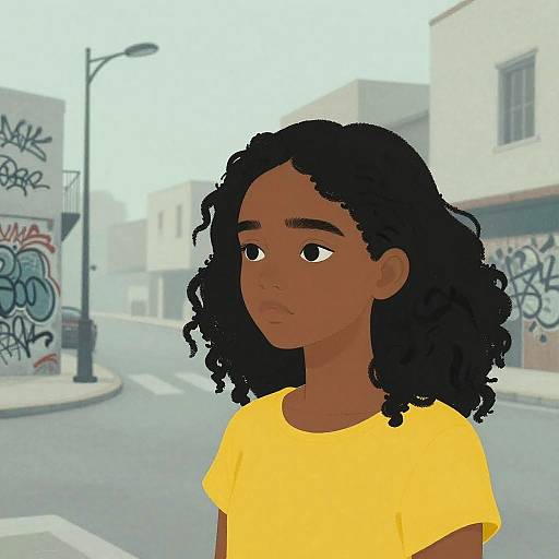 Digital illustration of a dark-skinned girl with curly black hair, wearing a yellow shirt, standing in a graffiti-covered urban street.