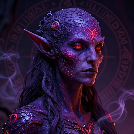 Digital artwork of a blue-skinned, red-eyed, elf-like female demon with intricate scales, glowing red markings, and smoke, set against a mystical
