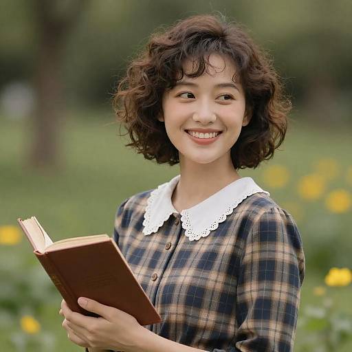 Smiling Woman Reading Outdoors