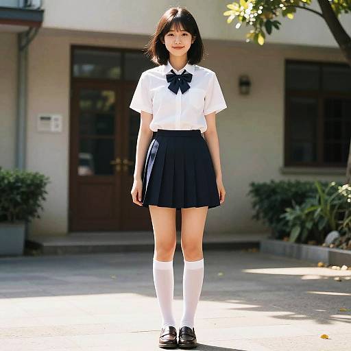 Photograph of an Asian woman with shoulder-length black hair, wearing a white short-sleeve blouse, black bow, black pleated skirt, white