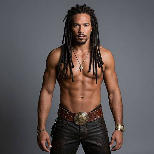 Photograph of a muscular, shirtless Black man with long dreadlocks, wearing black jeans, a brown belt with a gold buckle, a cross necklace