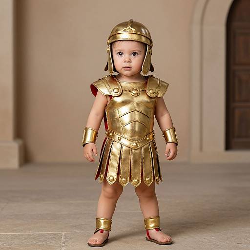 Photorealistic CGI of a baby in ancient Greek-style gold armor, including helmet, shoulder plates, skirt, wristbands, and sandals, standing in