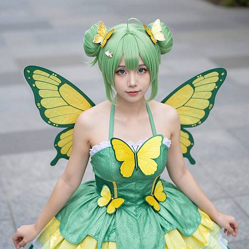Photograph of a young woman with green hair in butterfly-themed cosplay, wearing a green and yellow dress with butterfly wings, sitting on a gray pavement.
