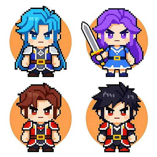 Pixel art of four chibi-style characters: blue-haired boy, purple-haired girl with sword, brown-haired boy, black-haired boy, each in circular