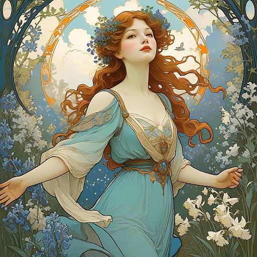 Art Nouveau Woman in Floral Garden