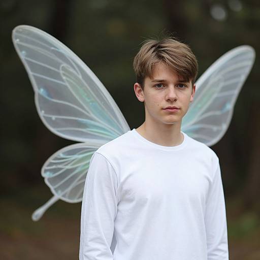 Photograph of a young boy with short brown hair, wearing a white shirt, standing outdoors with translucent, iridescent fairy wings behind him.