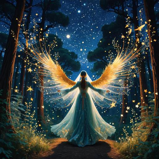 Celestial Phoenix with Golden Wings in Enchanted Forest