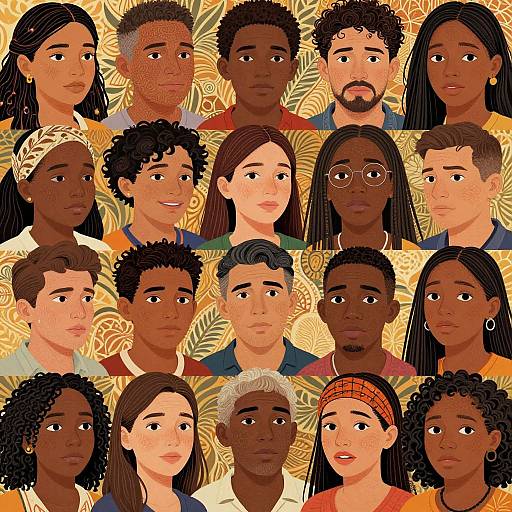 Digital illustration of a diverse group of 16 people with varied skin tones, hair styles, and facial features, set against a yellow, leaf-patterned