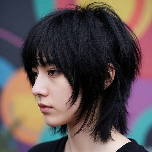 Photograph of a pale-skinned woman with black, shaggy, layered hair, wearing a black top, against a colorful, abstract background.