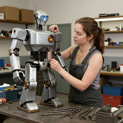Woman Repairing Large Robot