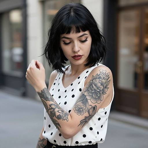 Photograph of a pale-skinned woman with black bob haircut, wearing a white polka dot top, showcasing detailed floral tattoos on her arms, standing