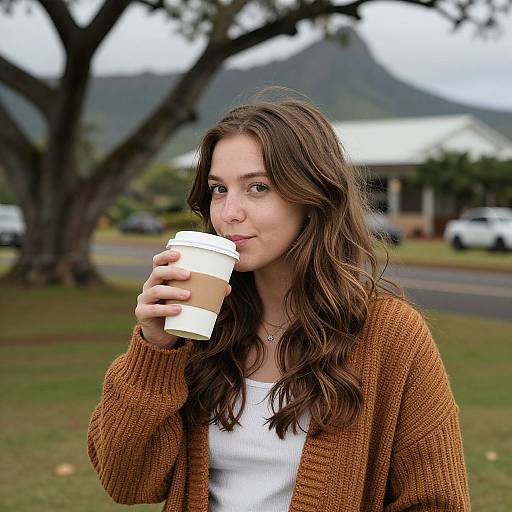 Photograph of a young woman with long brown hair, wearing an orange cardigan and white top, sipping from a paper coffee cup outdoors near a